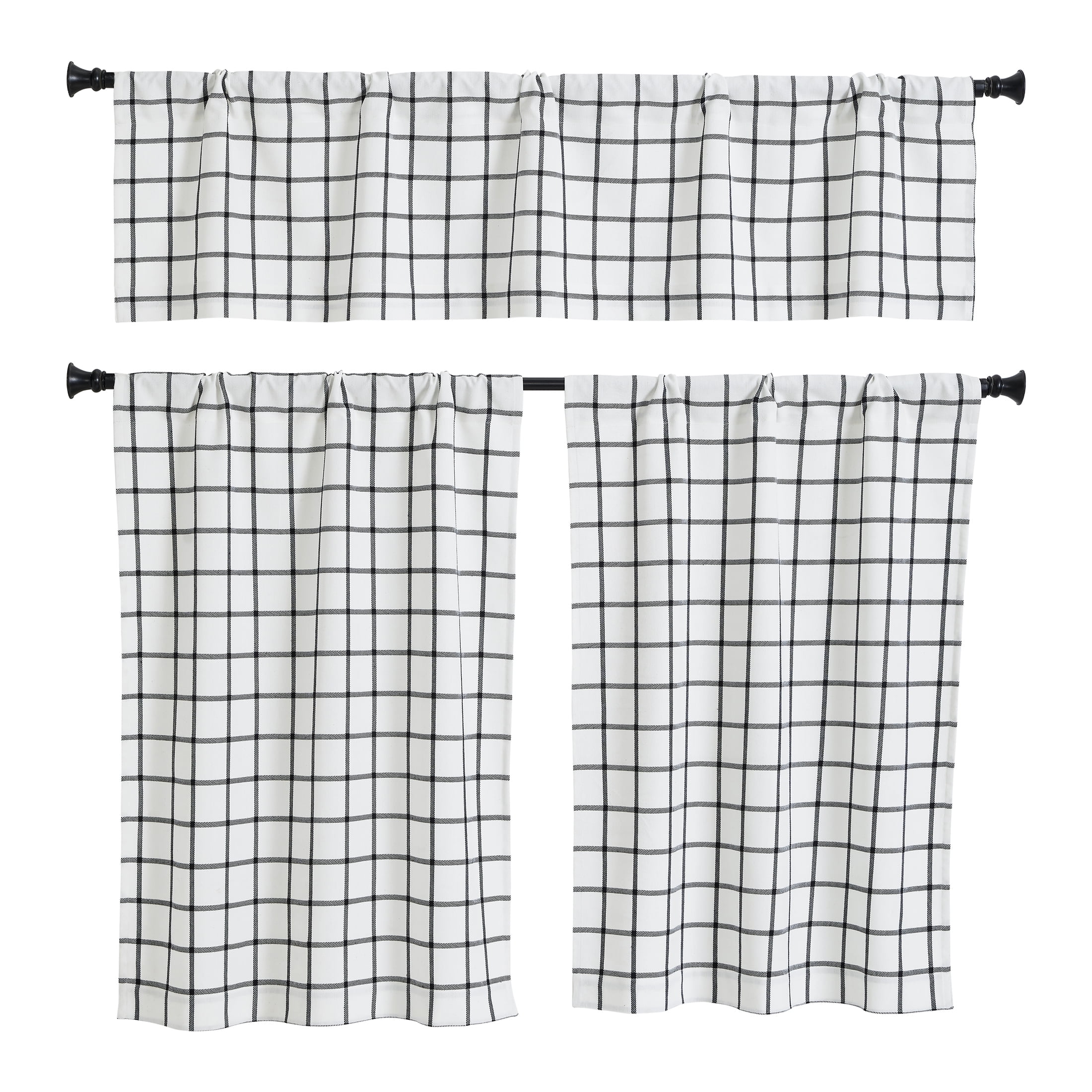 Better Homes & Gardens Willa Plaid Kitchen Curtain Tiers and Valance, 3-Piece Set, Ivory/Black, 60" W x 36" L