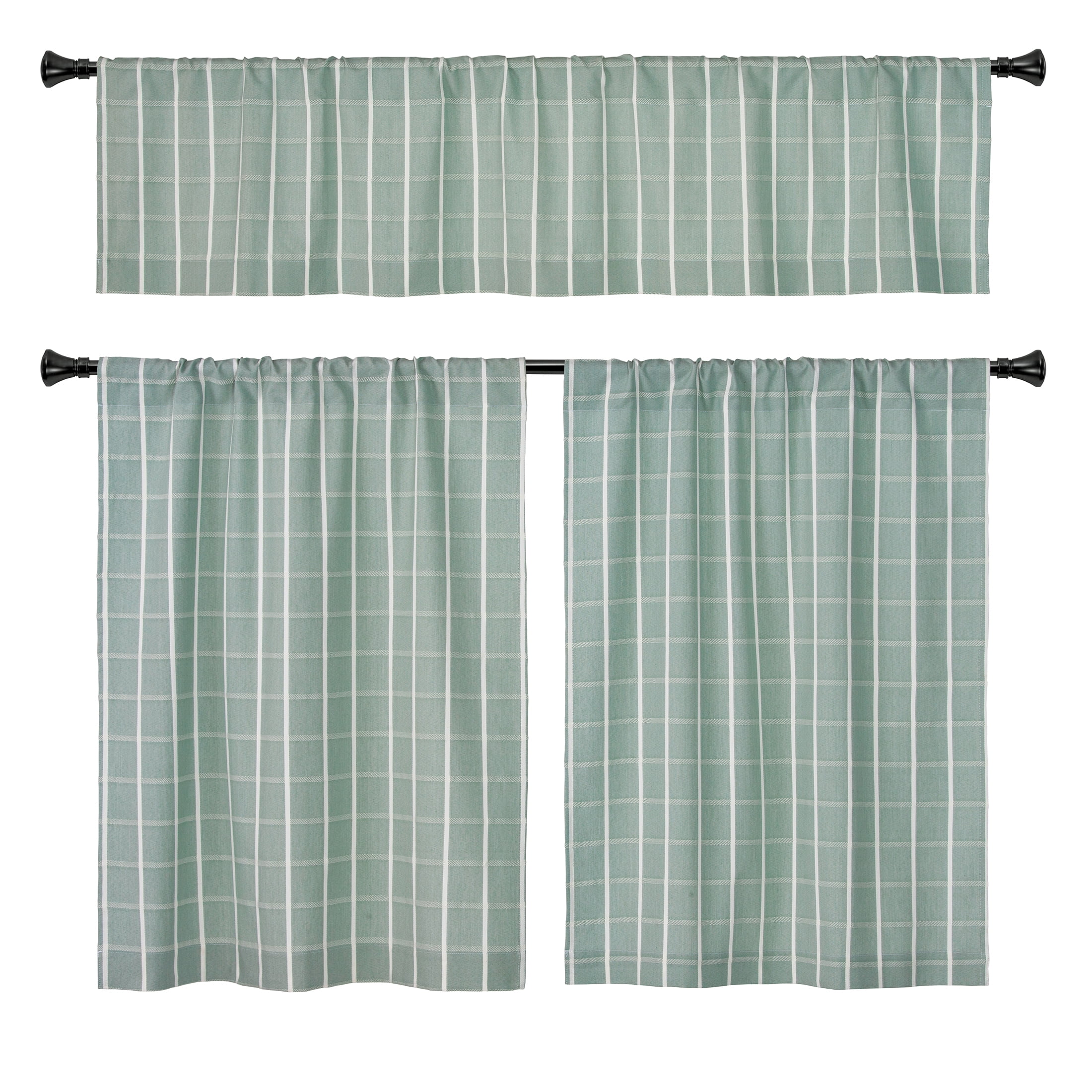 Better Homes & Gardens Willa Plaid Kitchen Curtain Tiers and Valance 3-Piece Set, Sage Green, 60 in x 36 in