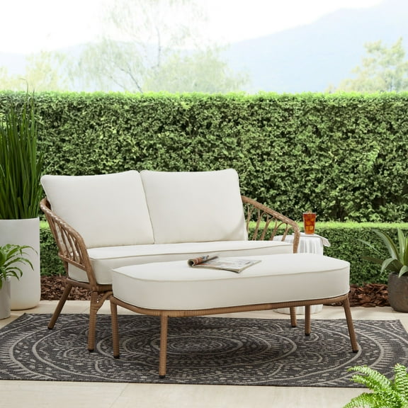 Better Homes & Gardens Willow Sage All-Weather Wicker Outdoor Loveseat and Ottoman Set, Beige