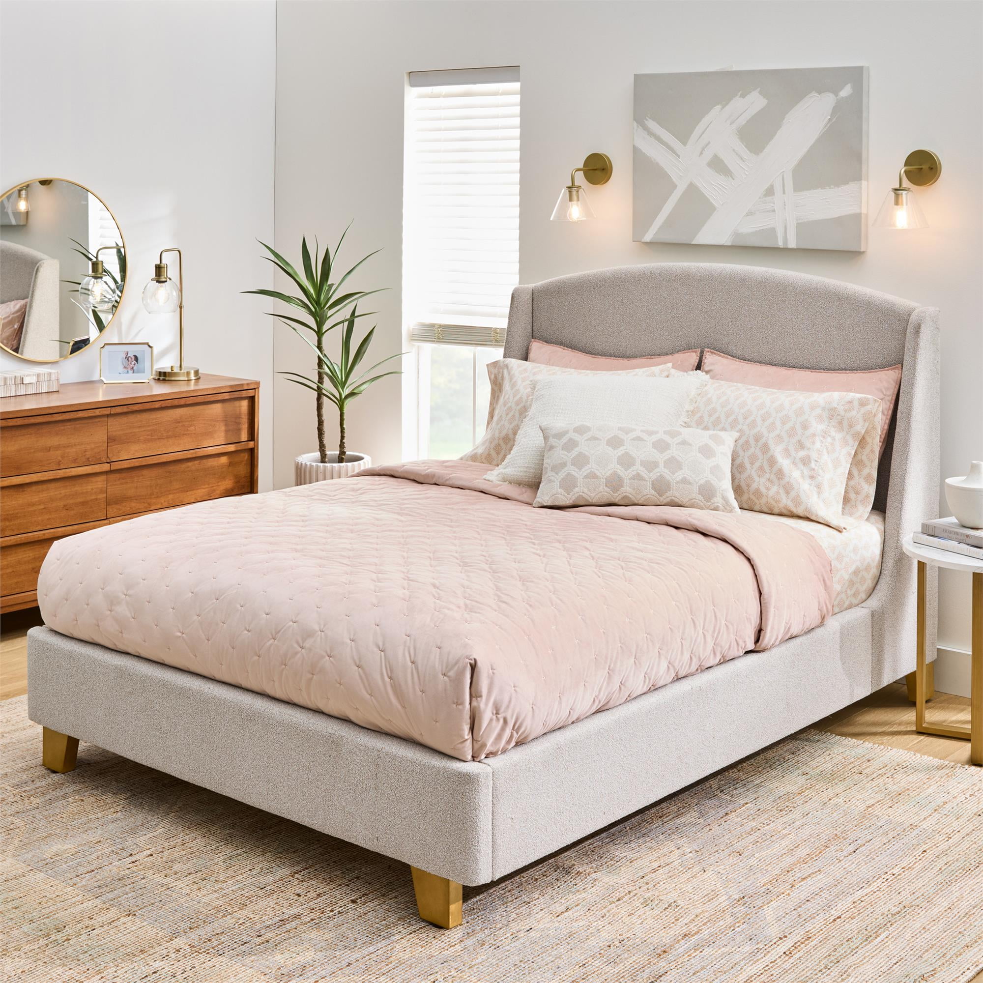 Better Homes & Gardens Windsor Platform Bed with Wingback Headboard, Queen, Wheat Boucle