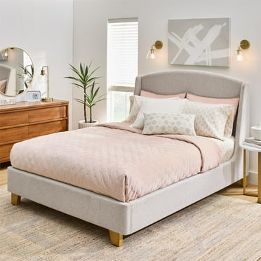 Better Homes & Gardens Windsor Platform Bed with Wingback Headboard, Queen, Wheat Boucle