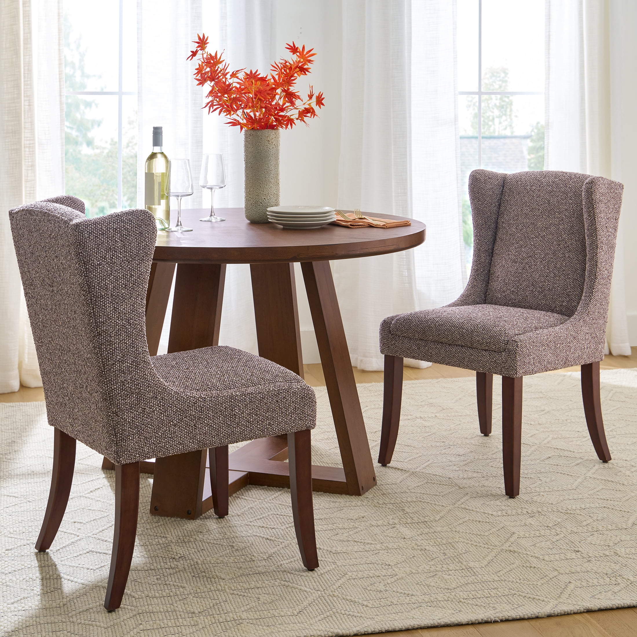 Better Homes & Gardens Windsor Upholstered Wingback Dining Chair 2 Pack, Truffle Brown and Walnut