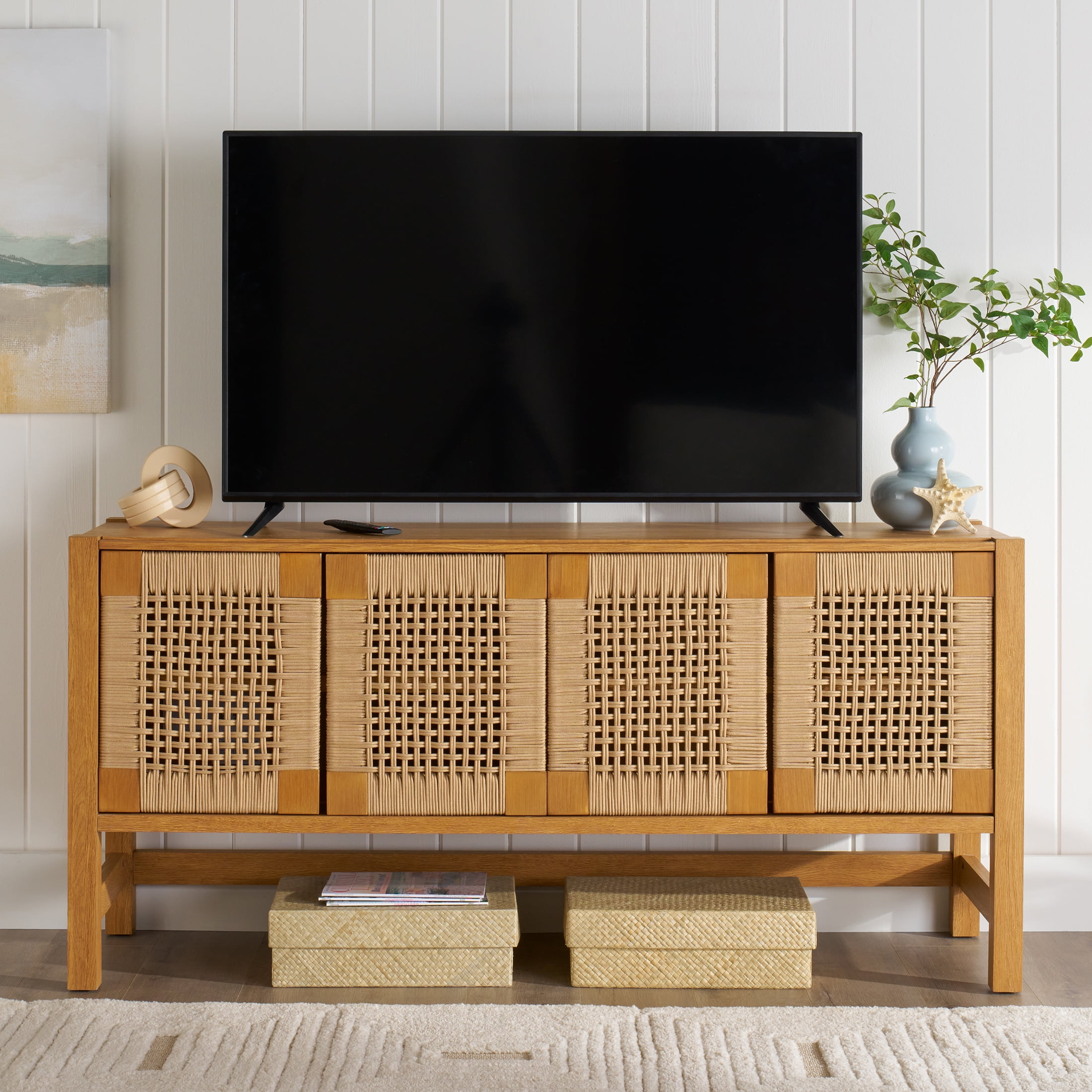 Better Homes & Gardens Vista Woven Coastal TV Stand for TVs up to 65", Light Honey - Walmart.com