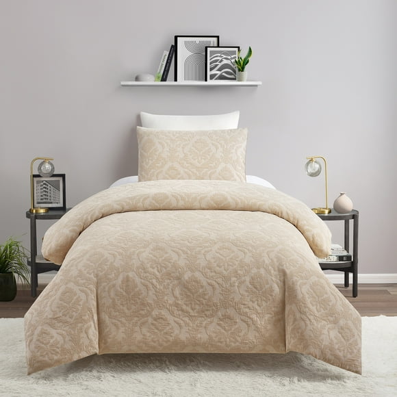 Better Homes & Gardens Woven Damask 2-Piece Comforter Set, Beige, T/TXL, All Ages