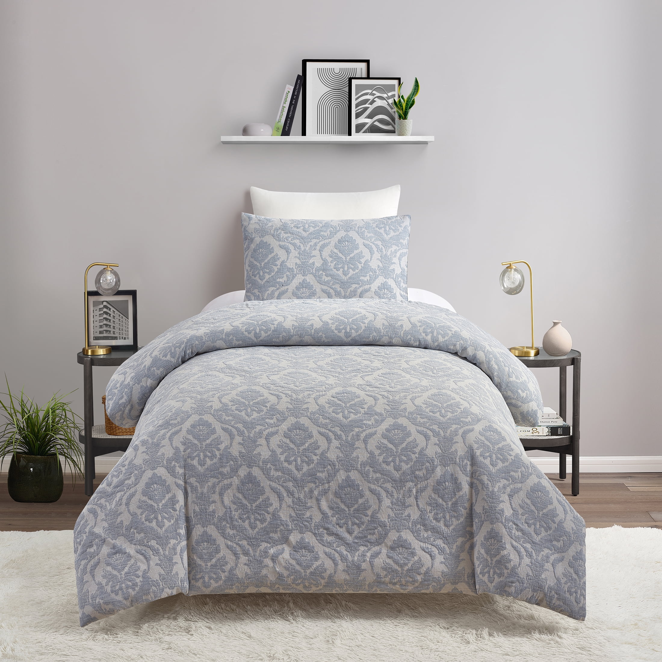 Better Homes & Gardens Woven Damask 2-Piece Comforter Set, Blue/Silver, Twin/Twin-XL