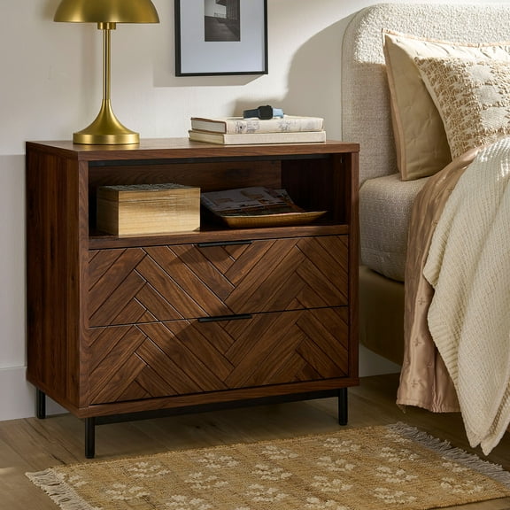 Better Homes & Gardens Wyatt Geo 2-Drawer Nightstand with USB, Walnut Finish