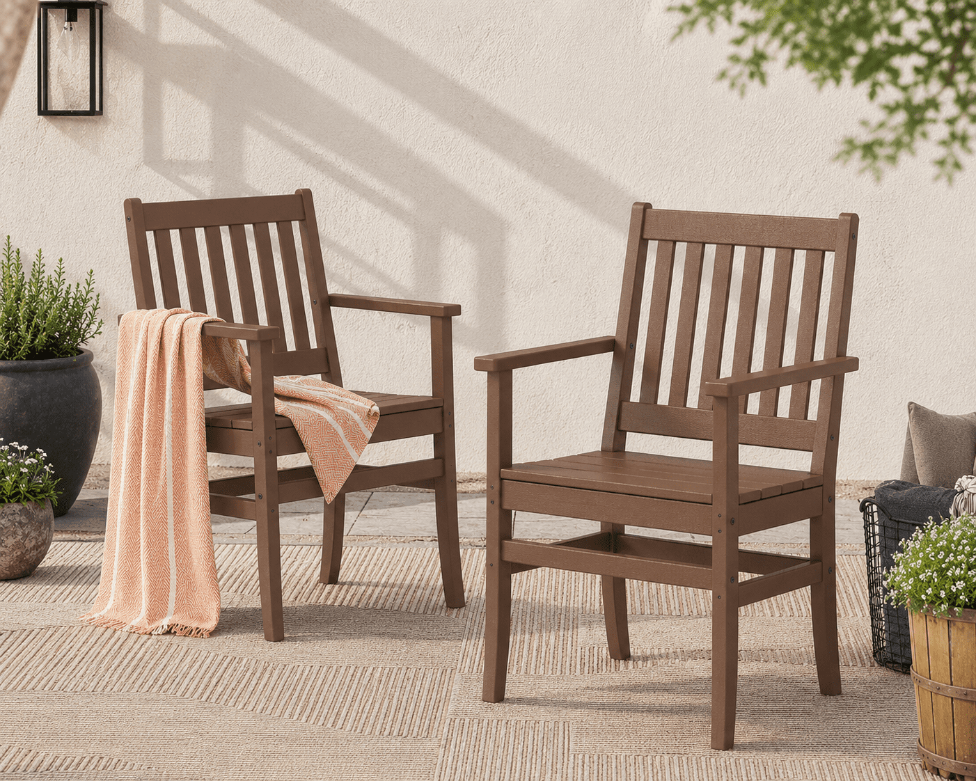 Better Homes & Gardens by POLYWOOD Southlake Outdoor Dining Arm Chair (2 Chairs), All-Weather HDPE, Patio Seat, Teak