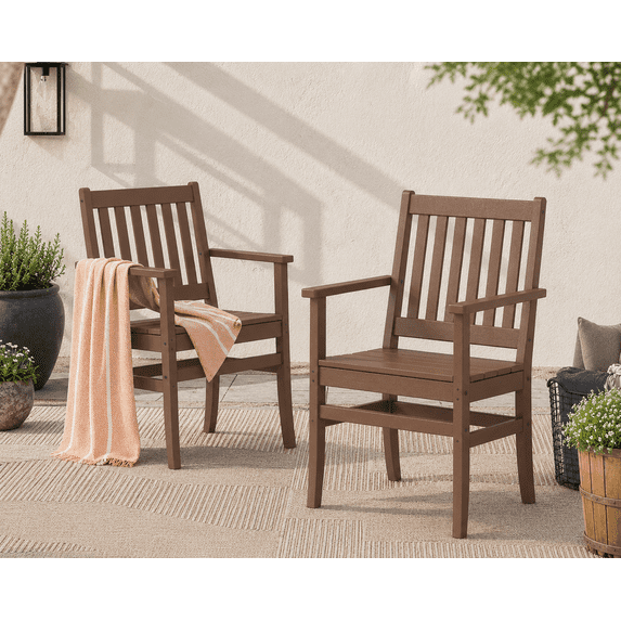 Better Homes & Gardens by POLYWOOD Southlake Outdoor Dining Arm Chair (2 Chairs), All-Weather HDPE, Patio Seat, Teak