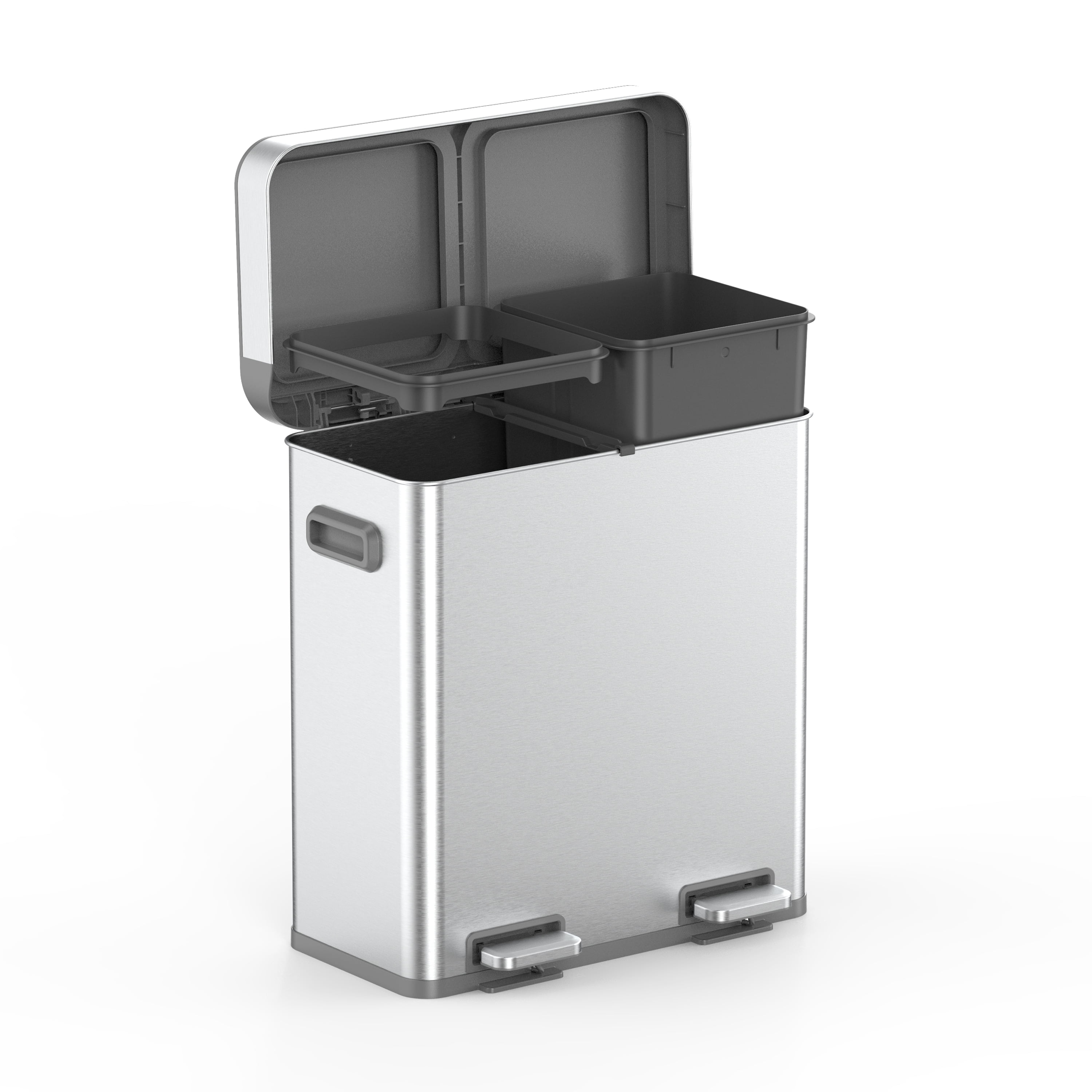 Better Homes & Gardens Kitchen Trash Can, 18 Gallon Stainless Steel Recycle Step Garbage Bin with Dual Compartment Lid, Silver