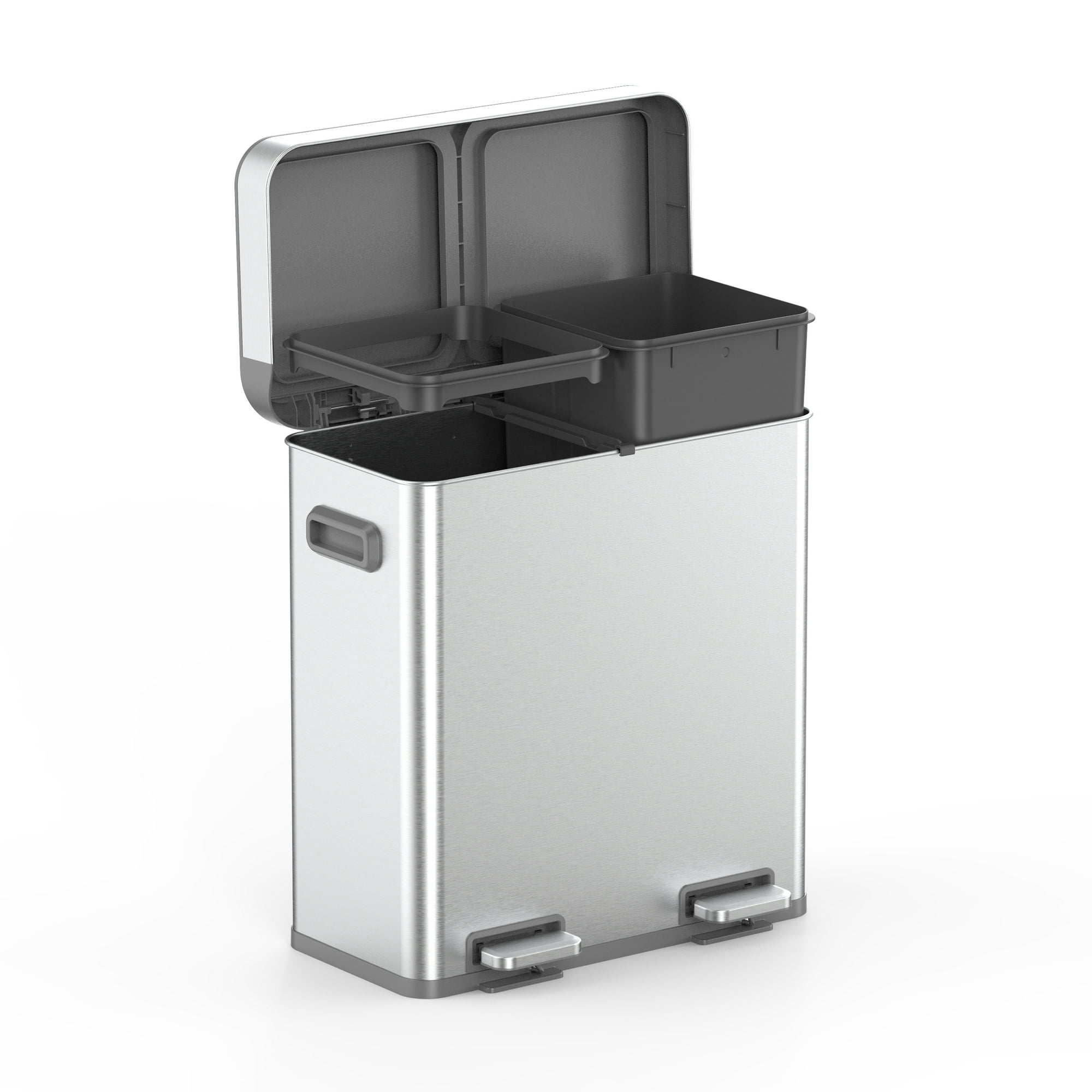 Better Homes & Gardens Kitchen Trash Can, 18 Gallon Stainless Steel Recycle Step Garbage Bin with Dual Compartment Lid, Silver