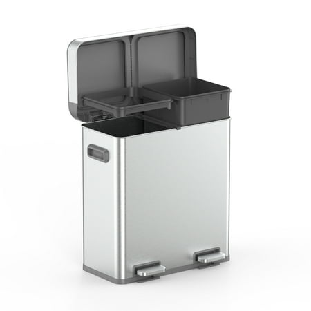 Better Homes & Gardens Kitchen Trash Can, 18 Gallon Stainless Steel Recycle Step Garbage Bin with Dual Compartment Lid, Silver