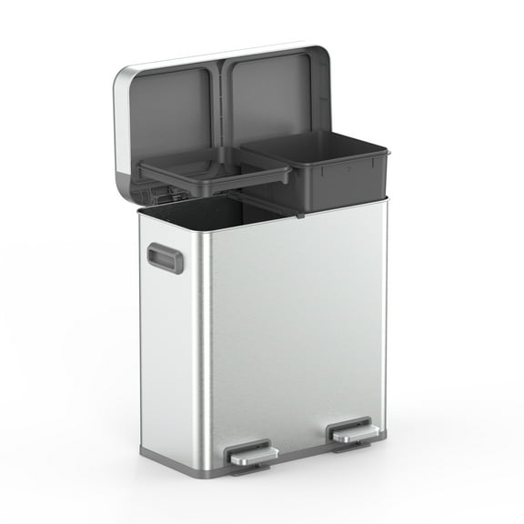 Better Homes & Gardens Kitchen Trash Can, 18 Gallon Stainless Steel Recycle Step Garbage Bin with Dual Compartment Lid, Silver