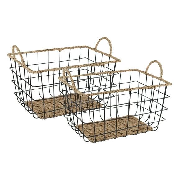 Better Homes & Gardens 2-Pack Rectangle Wire Storage Baskets with Woven Trim, Black Metal, 14"L x 10"W x 8"H – Decorative Organizer Bin for Pantry, Closet, Bathroom, or Office