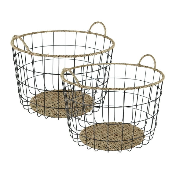 Better Homes & Gardens 2-Pack Round Wire Storage Baskets with Woven Trim, Black Metal, 18"D x 12"H – Decorative Organizer Bin for Pantry, Closet, Bathroom, Home Office