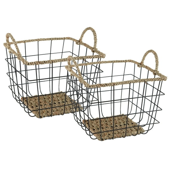 Better Homes & Gardens 2-Pack Square Wire Storage Baskets with Woven Trim, Black Metal, 10"L x 10"W x 10"H – Decorative Bin for Pantry, Closet, Bathroom, or Office Organization