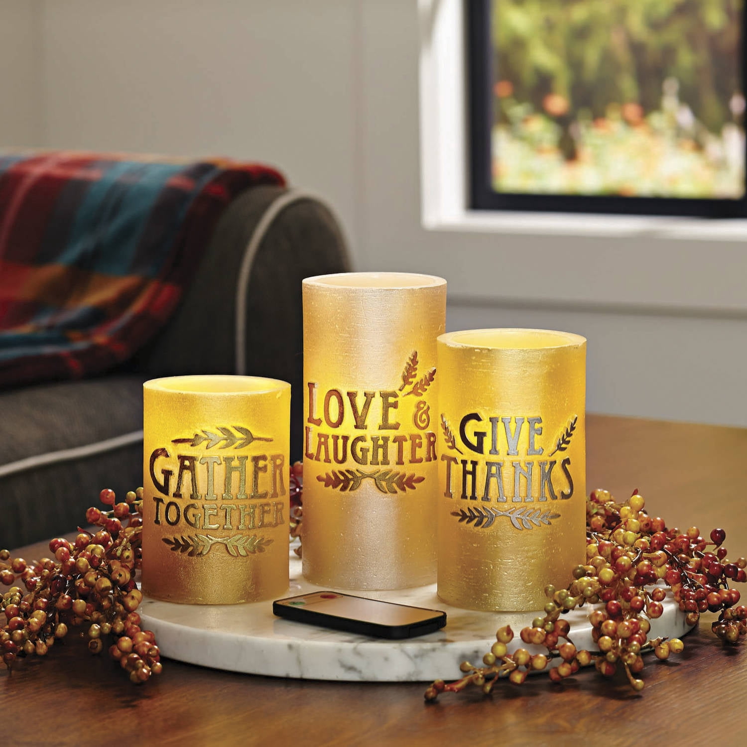 Better Homes and Gardens 3Pack LED Pillar Candles, Embossed Sentiments
