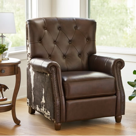 The Pioneer Woman Harper Pushback Leather Recliner with Whiskey & Faux Cowhide Upholstery