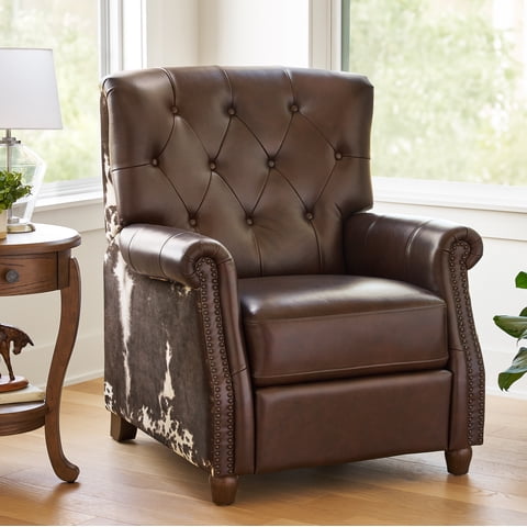 The Pioneer Woman Harper Pushback Leather Recliner with Whiskey & Faux Cowhide Upholstery