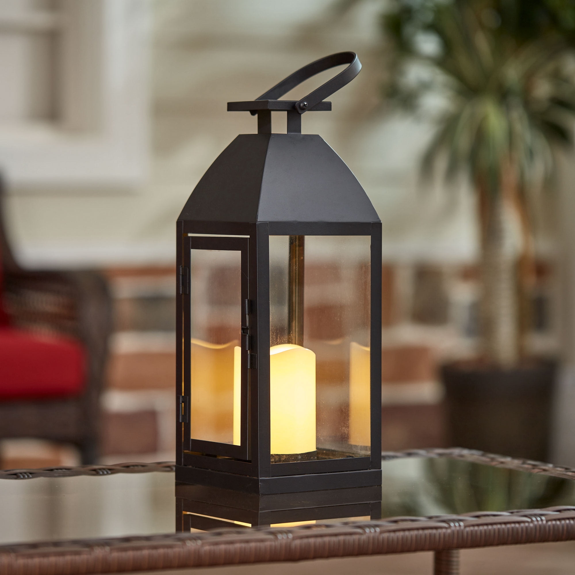Better Homes & Gardens 14.5 Battery Operated Outdoor Natural Mixed  Material Cane Lantern with Removable Candle 
