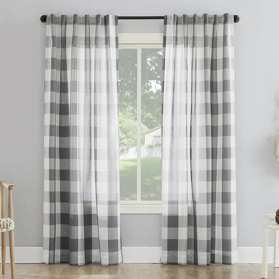 Better Homes and Gardens Buffalo Plaid Semi-Sheer Back Tab Curtain Panel, 50" x 108", Gray