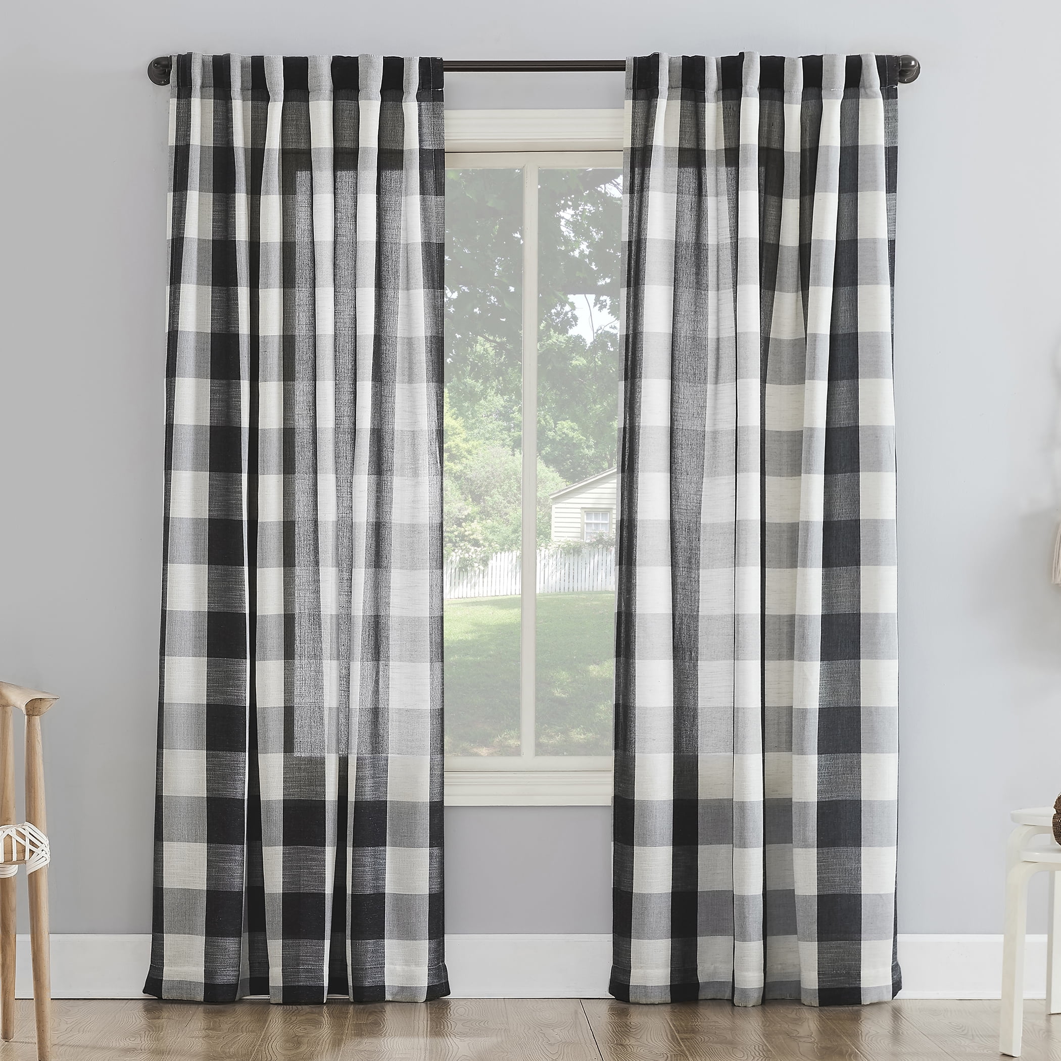 Better Homes and Gardens Buffalo Plaid Semi-Sheer Back Tab Curtain Panel, 50" x 84", Black