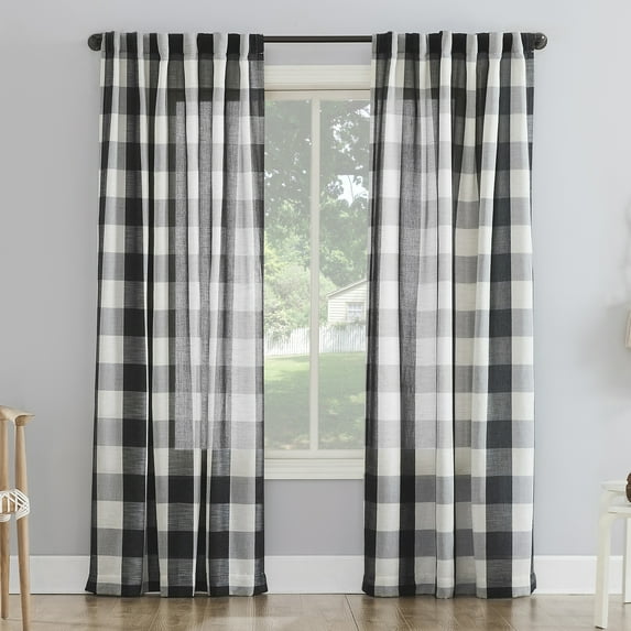 Better Homes and Gardens Buffalo Plaid Semi-Sheer Back Tab Curtain Panel, 50" x 84", Black
