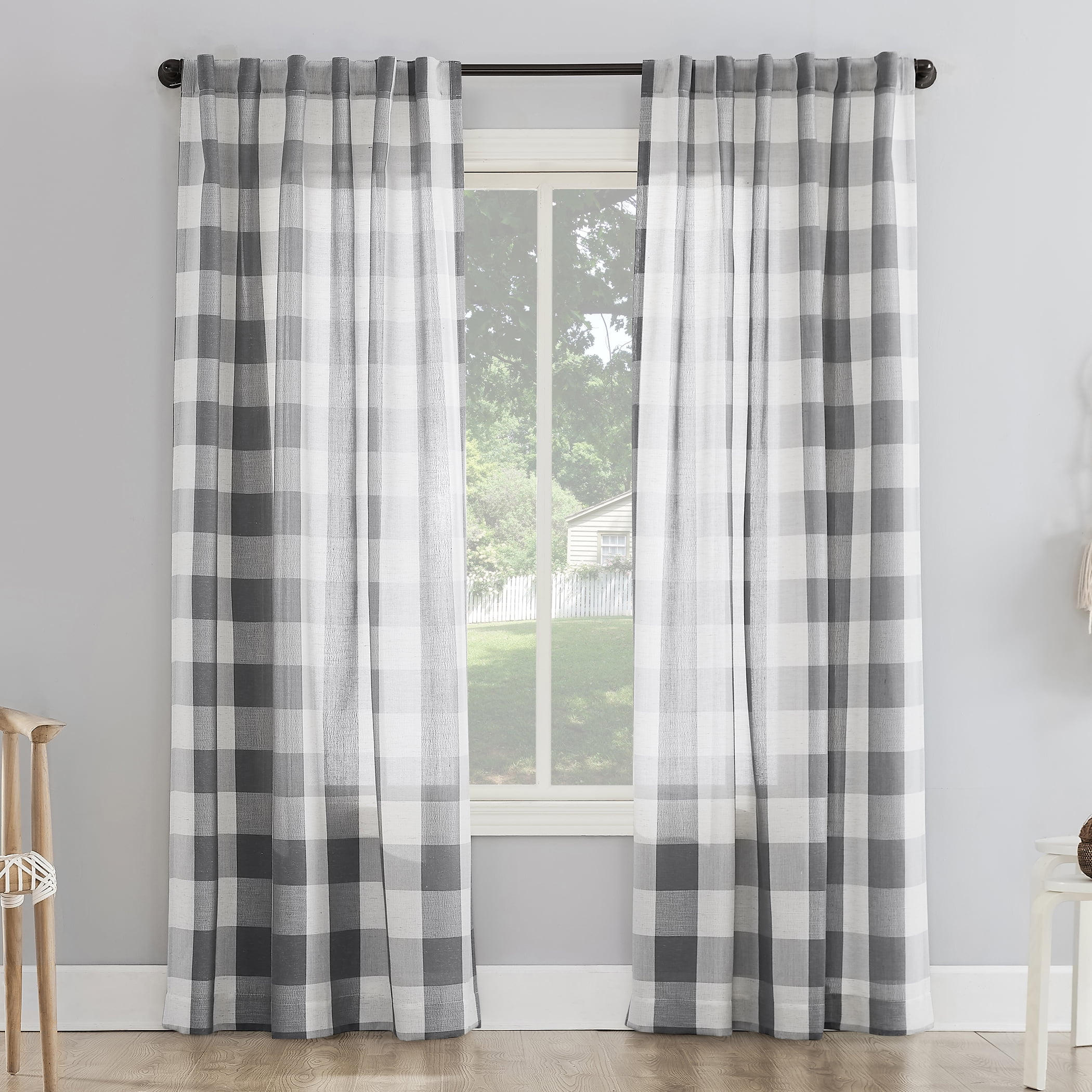 Better Homes and Gardens Buffalo Plaid Semi-Sheer Back Tab Curtain Panel, 50" x 84", Gray