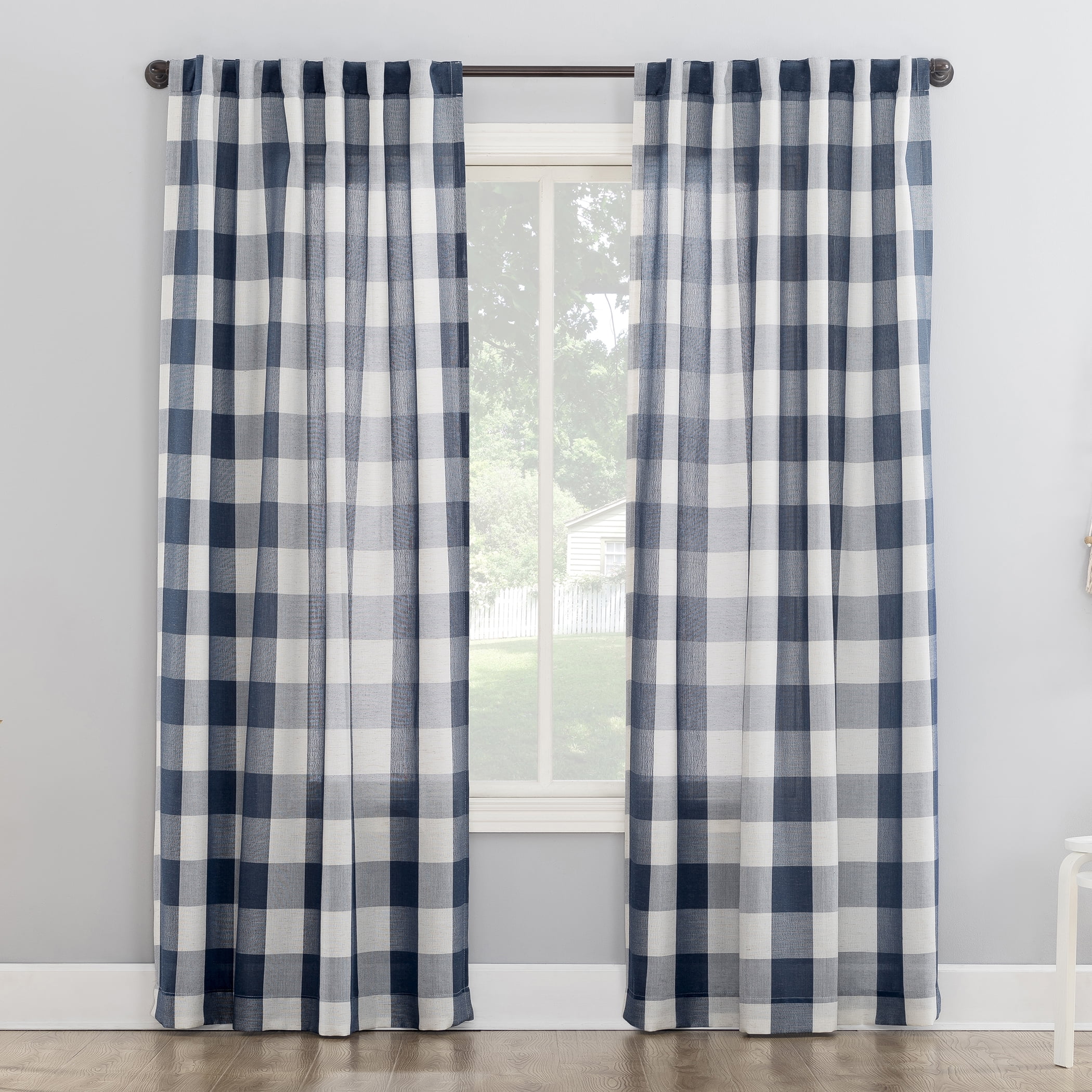 Better Homes and Gardens Buffalo Plaid Semi-Sheer Back Tab Curtain Panel, 50" x 84", Navy