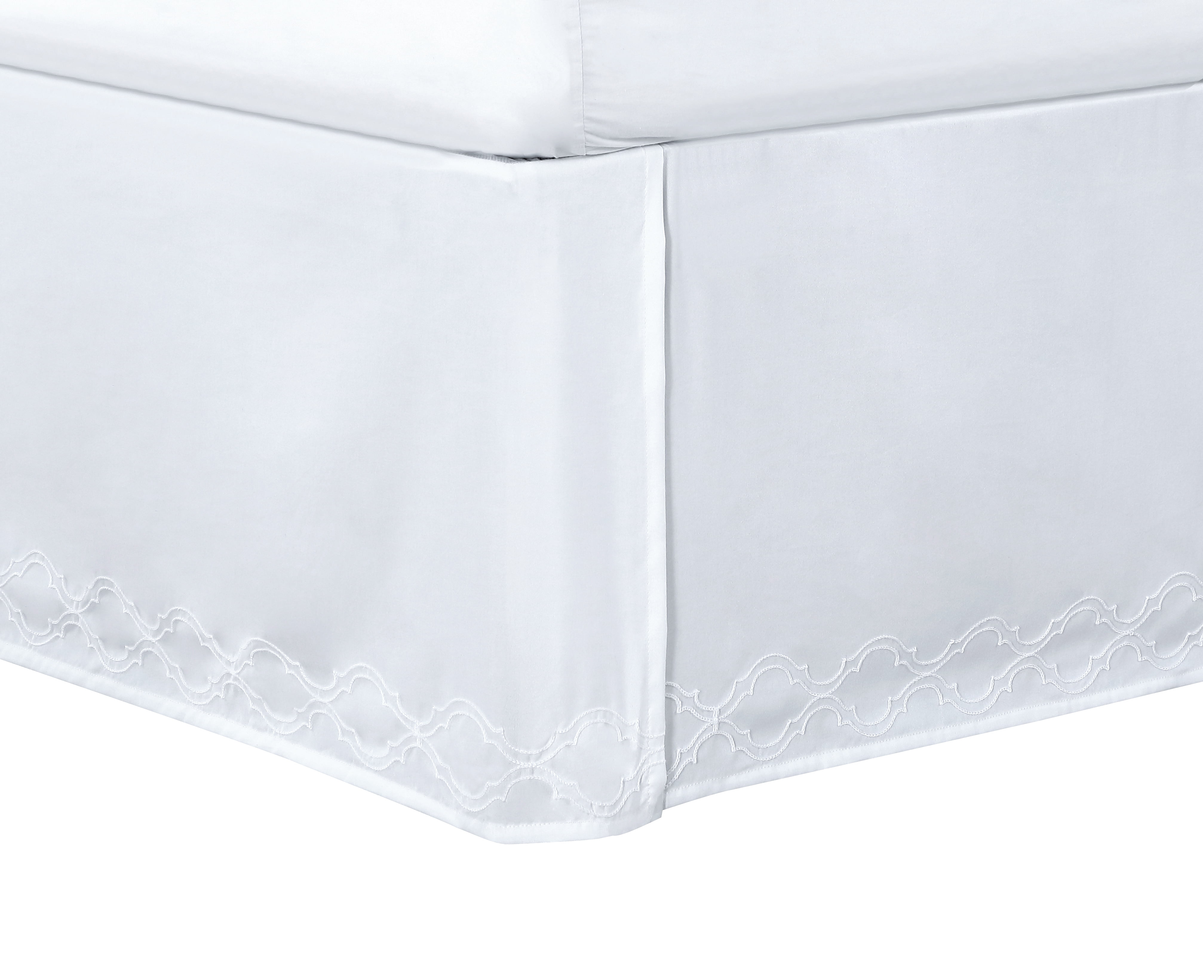 White Embroidered Trellis Full/Queen Bed Skirt with Split Corners