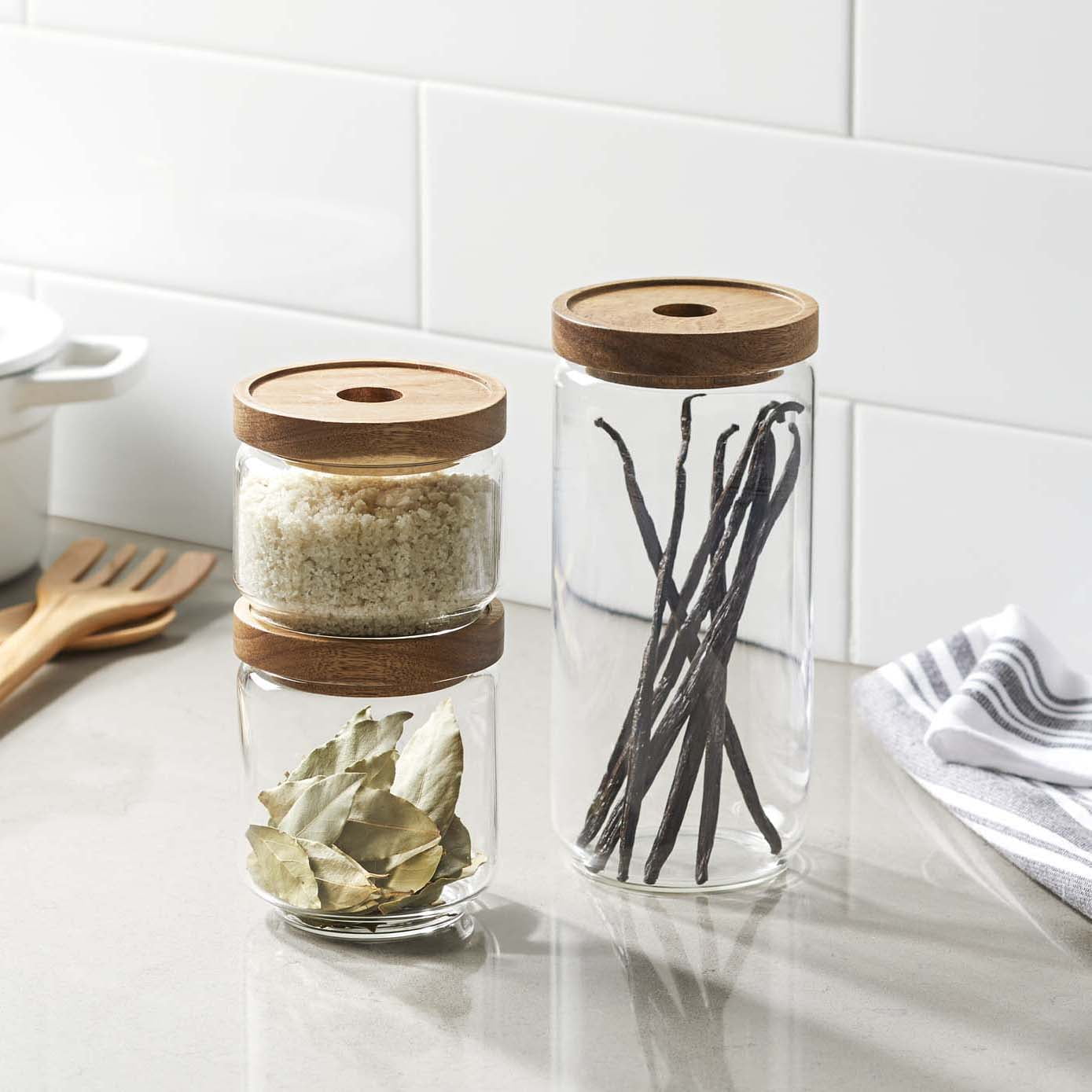Glass Food Jars Acacia Wood Lid Kitchen Storage Homeware 