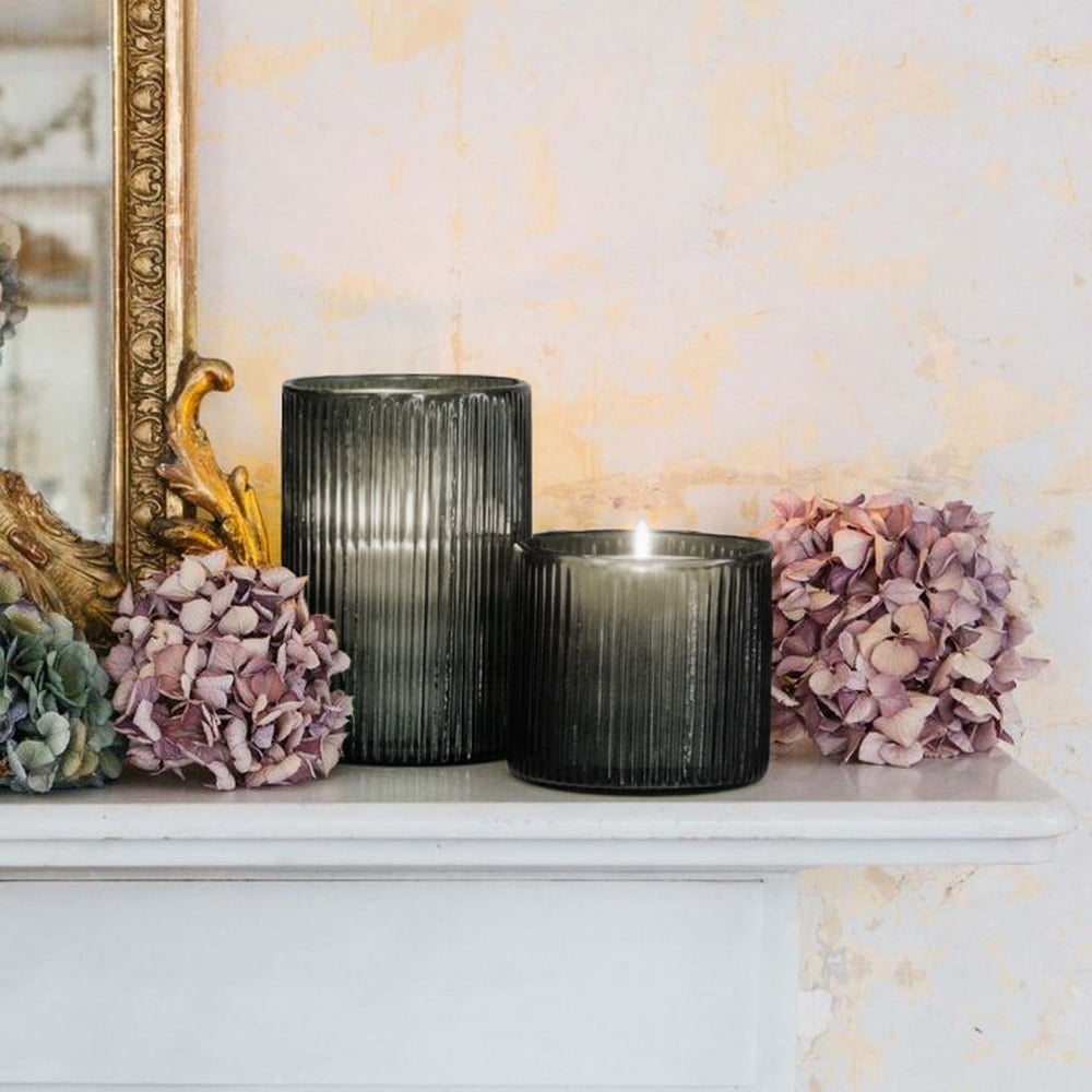 Medium Smoke Ribbed Glass Pillar Candle Hurricane