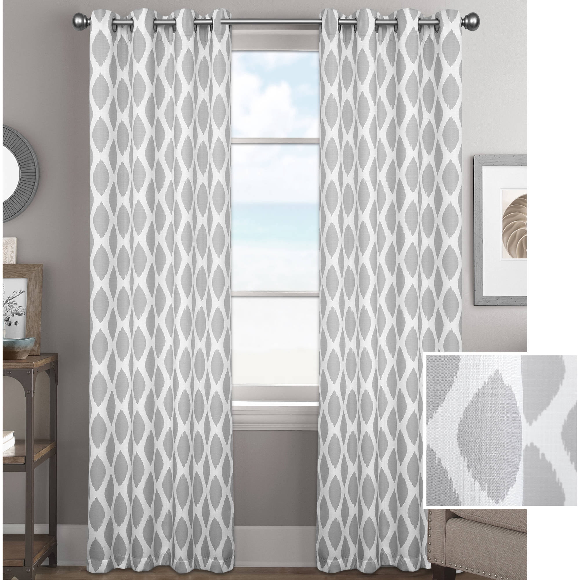 Better Homes & Gardens Ikat Diamonds Curtain Panel with Grommets, 52 x 84 in, Platinum, 1 Panel