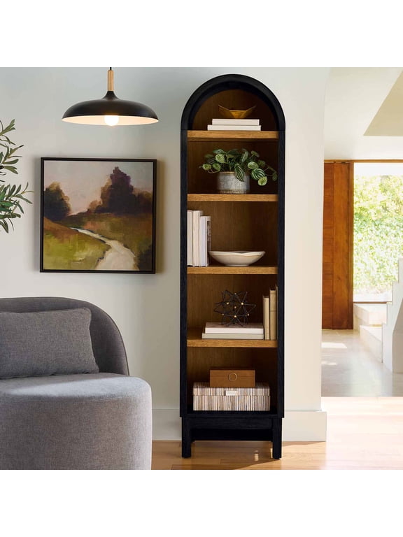 Juliet Narrow Arch Bookcase, Rich Black and Light Honey