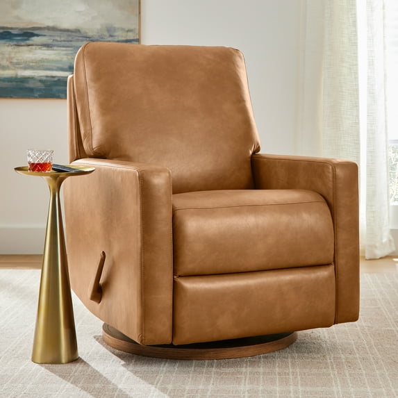 Better Homes & Gardens Modern Farmhouse Swivel Glider Recliner, Camel Faux Leather