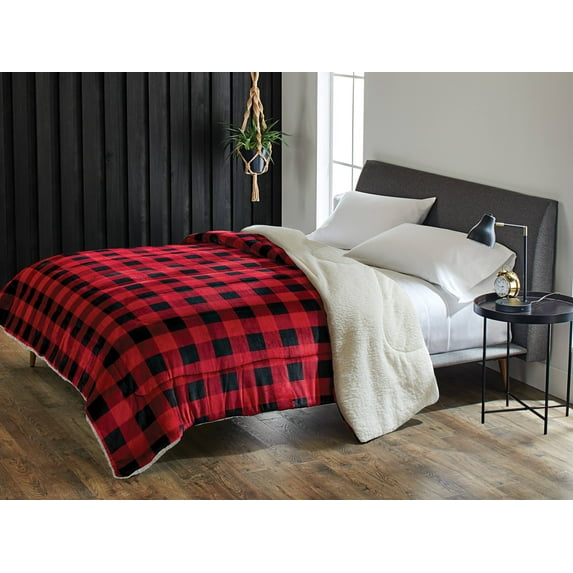 Better Homes and Gardens Reversible Plaid Velvet Sherpa Comforter, Full/Queen