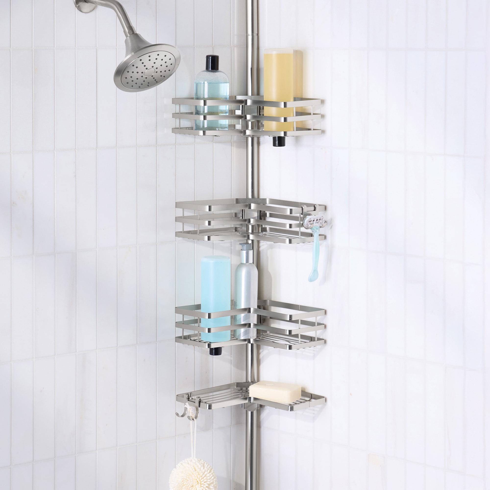 Better Homes & Gardens 4-Tier Rust Resistant Tension Pole Shower Caddy, Satin Nickel