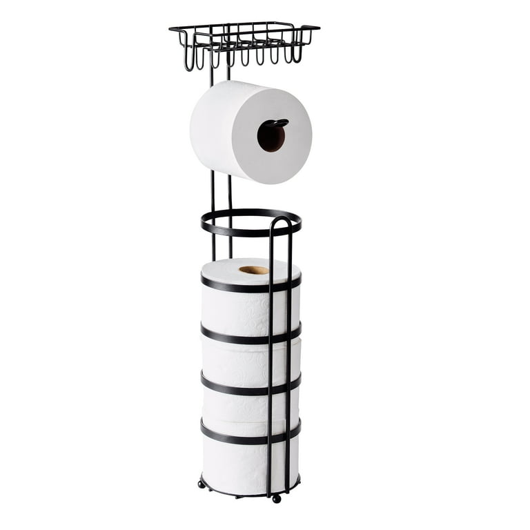 Relaxdays Standing Toilet Paper Holder With Brush - 65 Cm Tall, Black & Bamboo, Freestanding Bathroom Set
