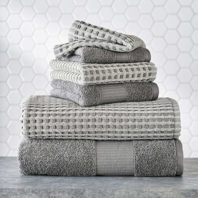 Better Homes and Gardens Woven Waffle Grid 6 Piece Towel Set, Silver