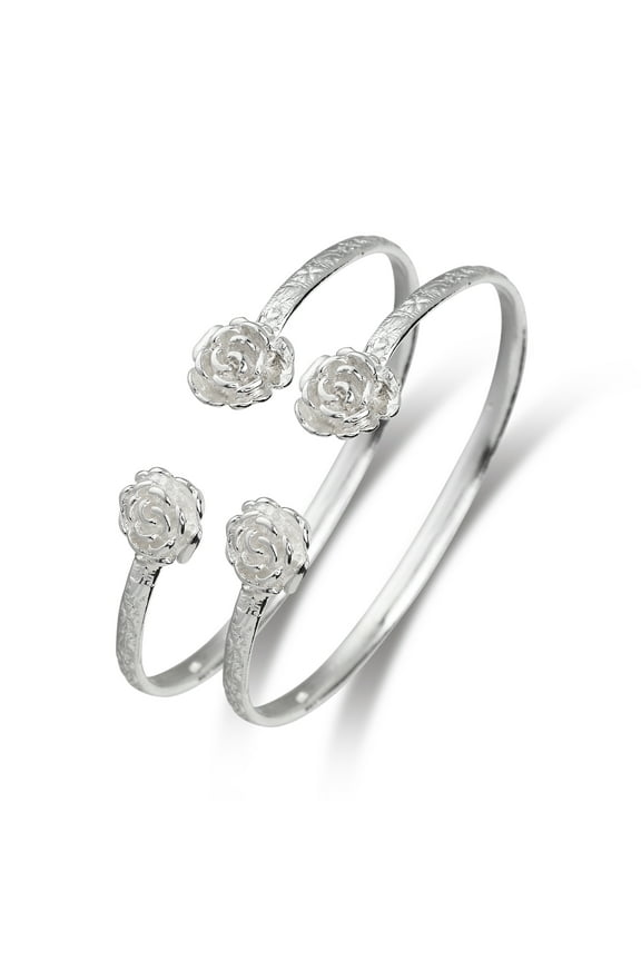 .925 Sterling Silver Rose Bangles Women Woman Girls Silver Bracelet Set (1 Pair)