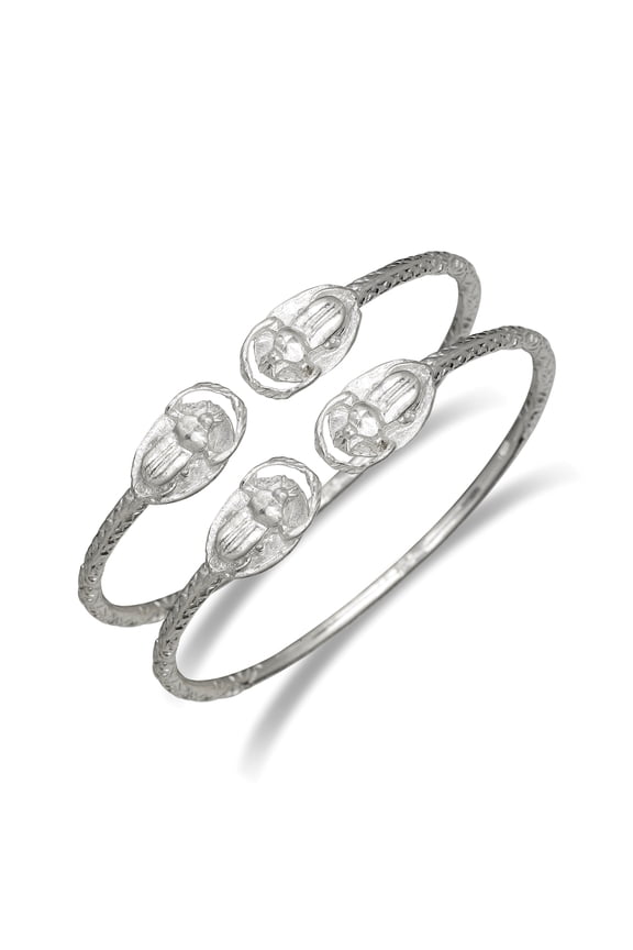 Egyptian Horus Scarab .925 Solid Sterling Silver West Indian Bangles Cuffs (Pair)