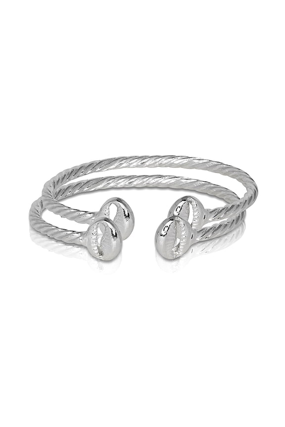 Solid .925 Sterling Silver Cowrie Shell Coiled Rope Bangles (Pair) (Made in USA)