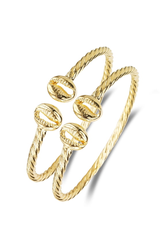 Solid .925 Sterling Silver Cowrie Shell Coiled Rope Bangles (Pair) (Made in USA)