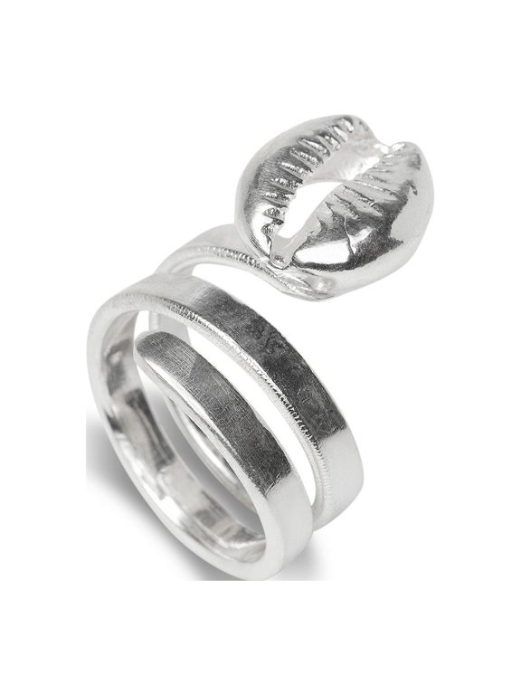 Solid .925 Sterling Silver Spiral Three Row Cowrie Shell Ring
