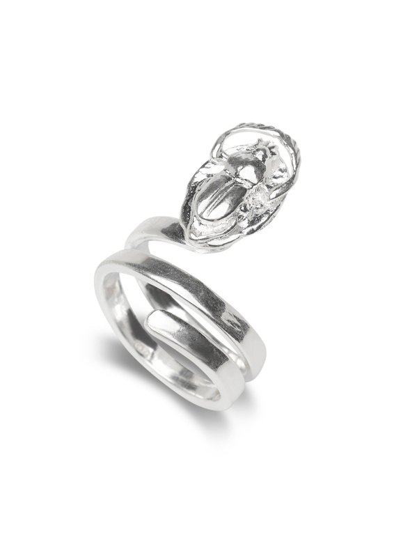 Solid .925 Sterling Silver Spiral Three Row Scarab Ring