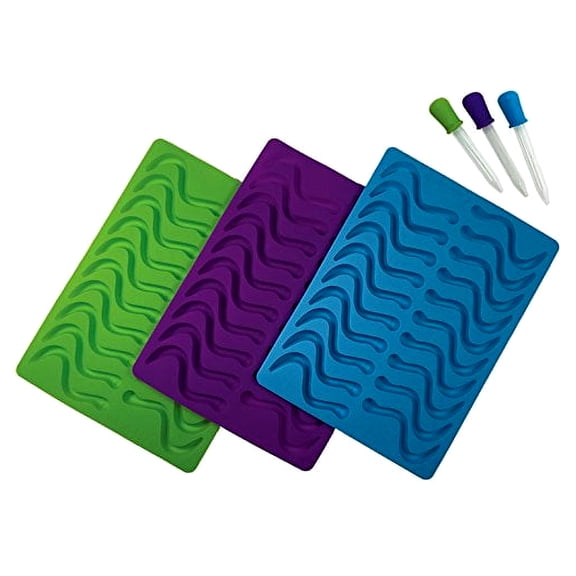 Better Kitchen Products, 3 Piece, 20 Cavity Silicone Gummy Worm Molds with 3 Matching Droppers, Purple, Aqua and Lime