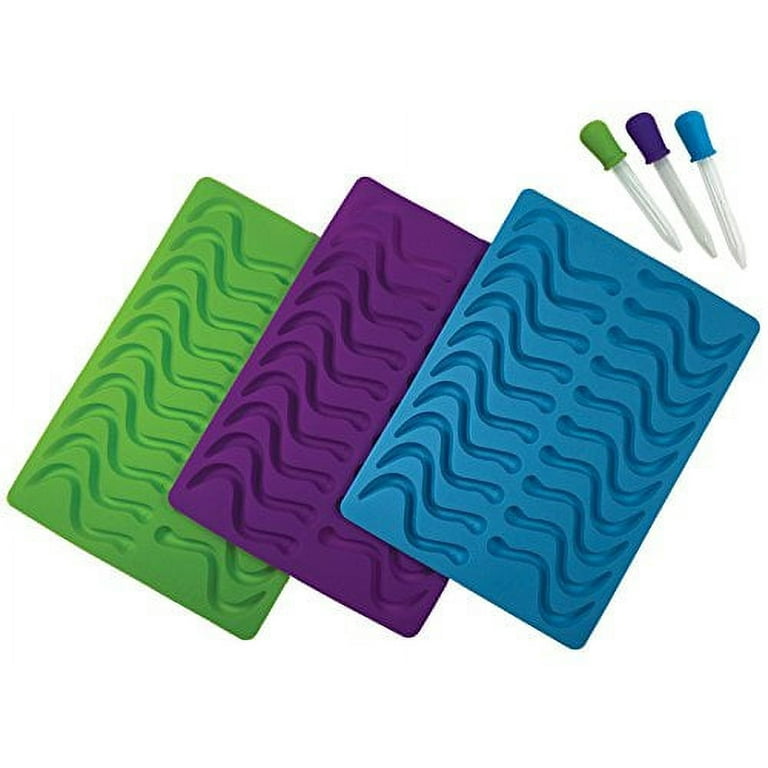 Better Kitchen Products, 3 Piece, 20 Cavity Silicone Gummy Worm Molds with  3 Matching Droppers, Purple, Aqua and Lime