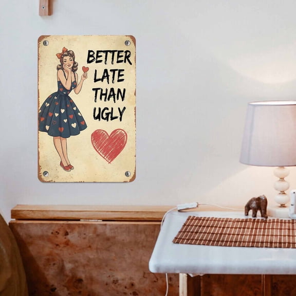Better Late Than Ugly Patriotic Pin Up Vintage Metal Sign 8 inch x 12 inch, Glam Vanity Bathroom Decor, navy red vintage Quote Wall Art for Makeup Room Salon Bedroom Office
