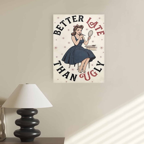 Better Late Than Ugly Pin Up Girl Canvas Wall Art with Frame 12x16 inch (30x40cm), Retro Makeup Room Decor, cream navy retro Fashion Quote Print for Bathroom Vanity Bedroom Wall Decor