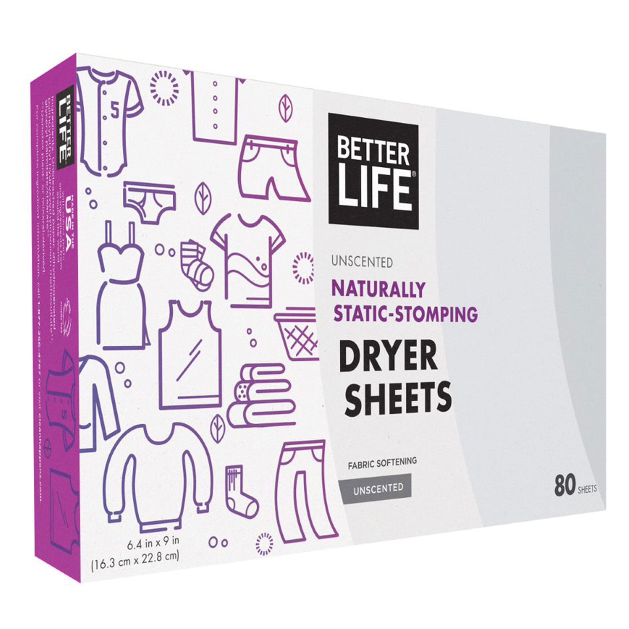 Better Life Hypoallergenic Natural Dryer Sheets, Unscented, 80 Count