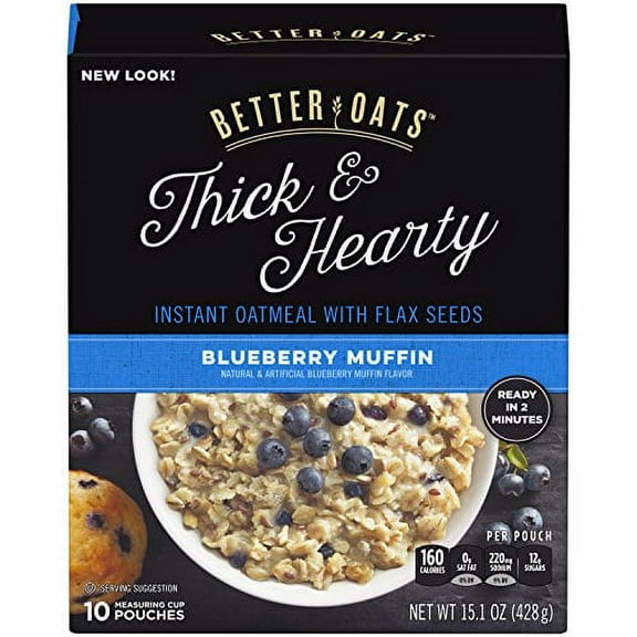 Better Oats Thick & Hearty Blueberry Muffin Instant Oatmeal with Flax Seeds, 15.1 oz
